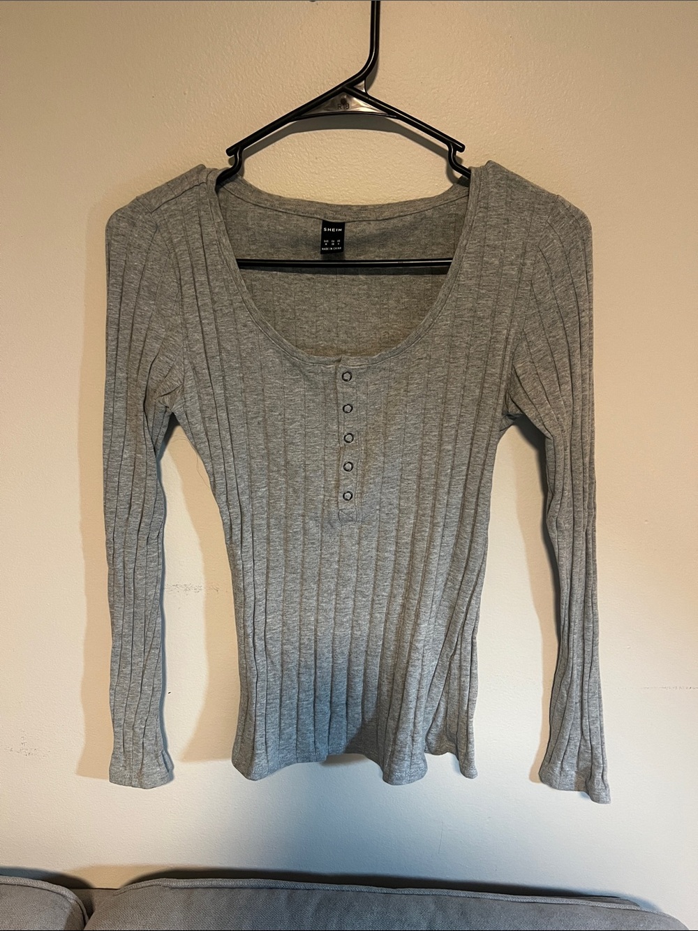 SHEIN Ribbed Scoop Neck Henley Long Sleeve Top - Gray